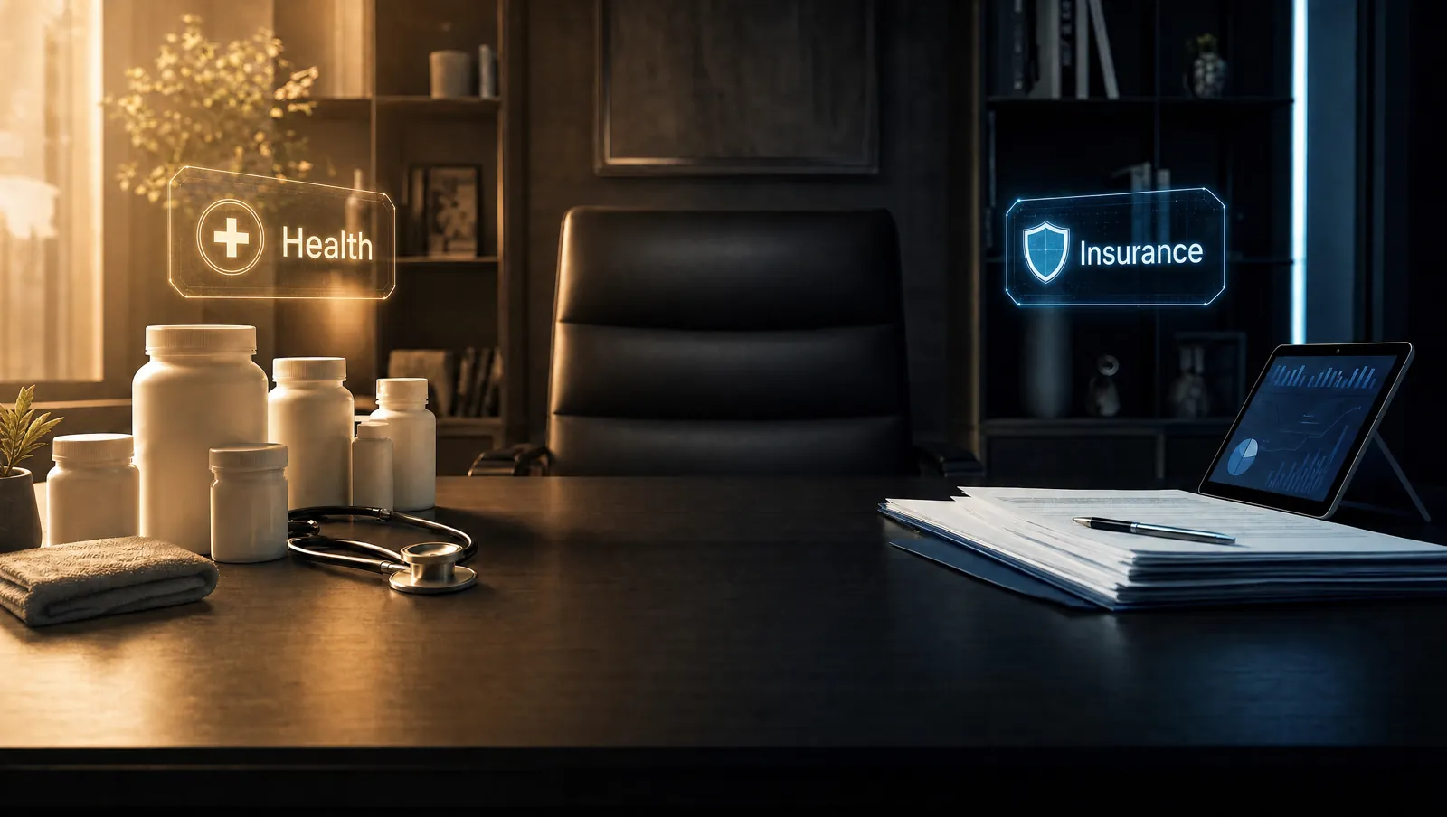 A desk with supplement bottles on one side and insurance interfaces on the other — separate, disconnected.