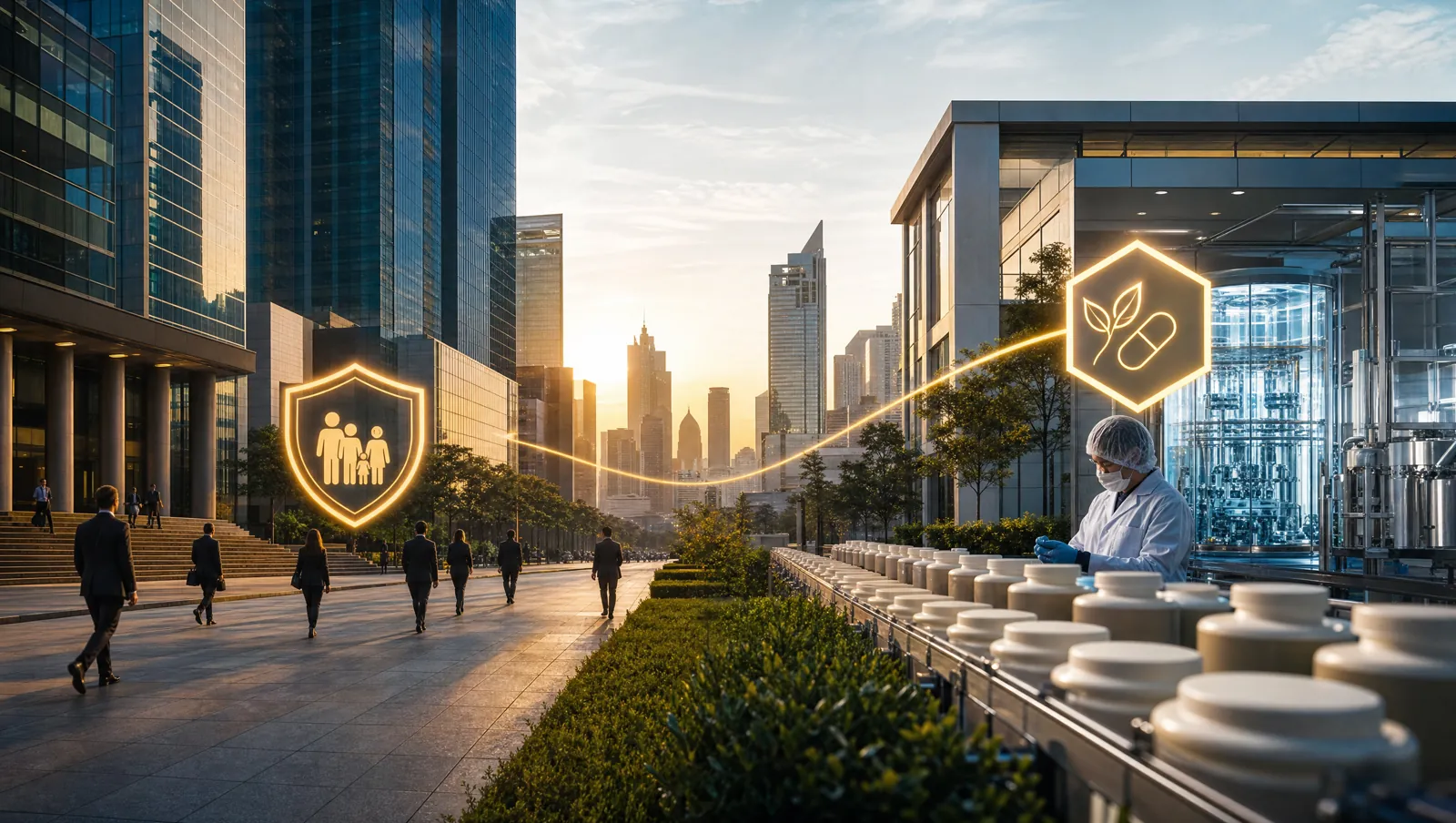 A city with a hovering insurance shield and a supplement capsule — prevention and protection in one structure.